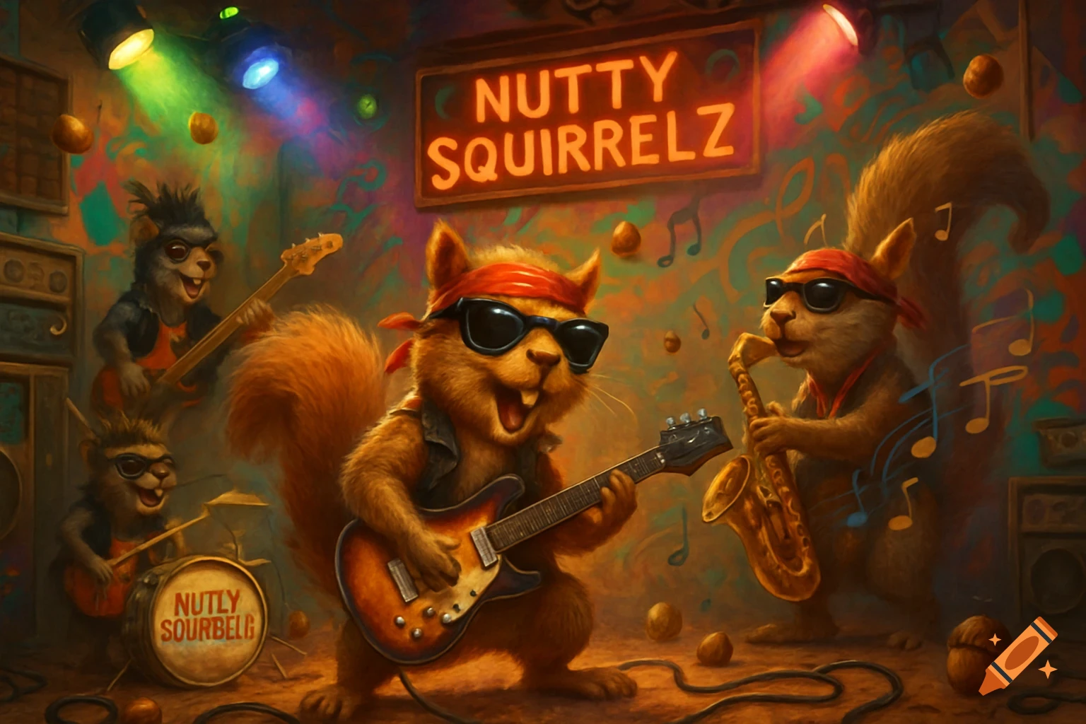 A band of anthropomorphic squirrels plays rock music on a stage, with a neon sign reading 'NUTTY SQUIRRELZ' overhead.