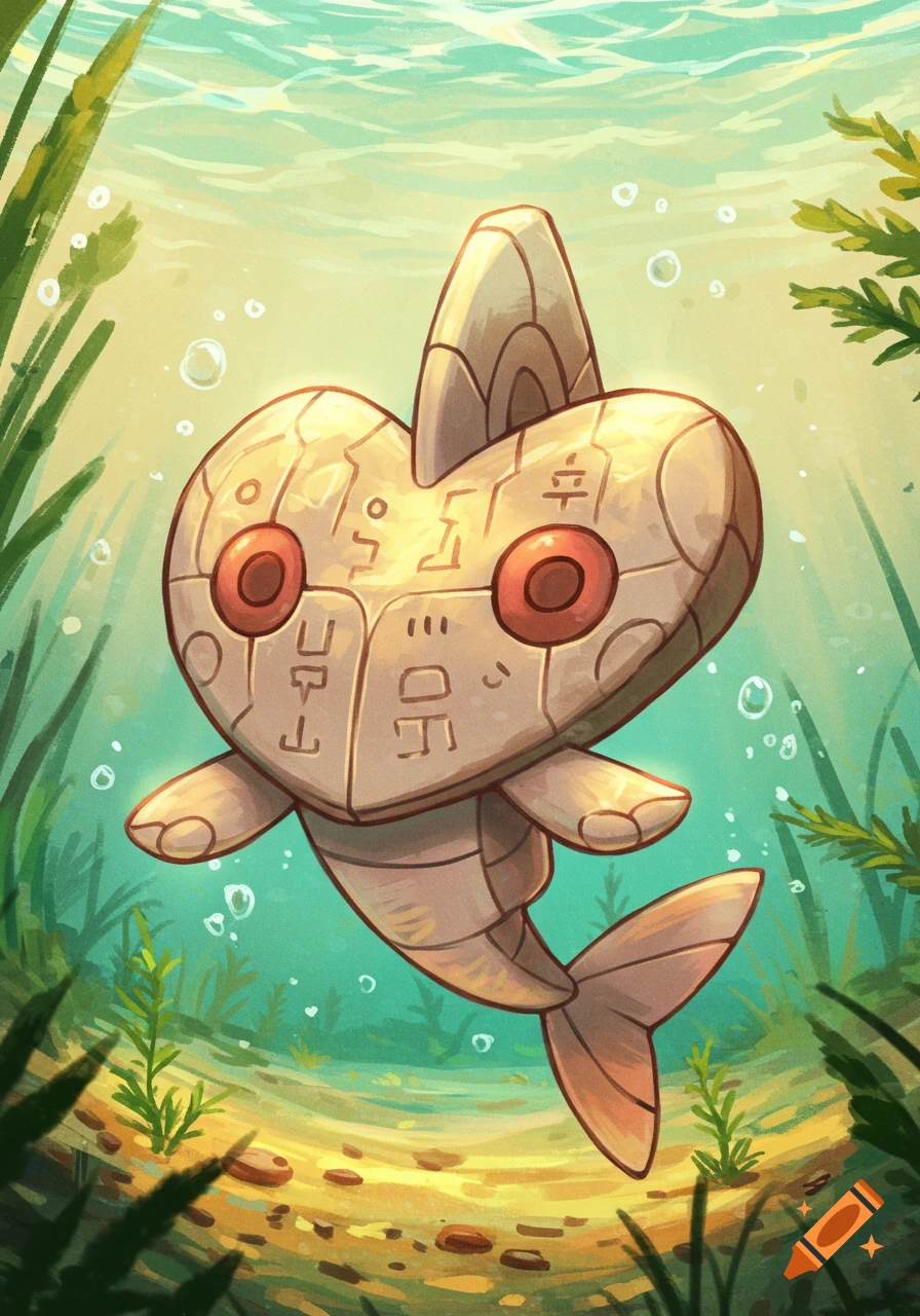 A stylized, stone-like Pokemon with a heart-shaped body, ancient markings, and red eyes swims in clear blue-green water.
