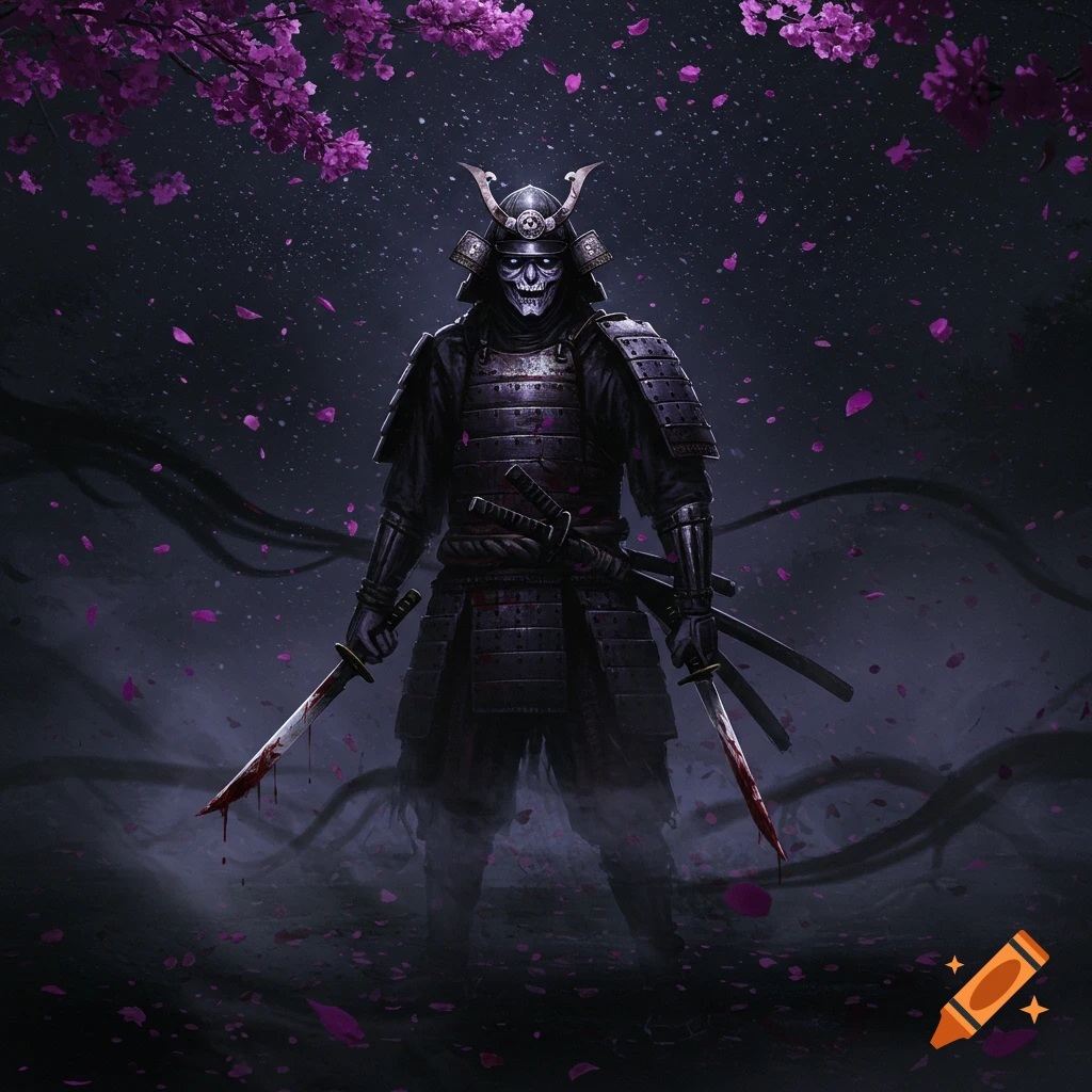 A dark fantasy illustration of a samurai warrior with a skull mask holding blood-stained swords under purple cherry blossoms.