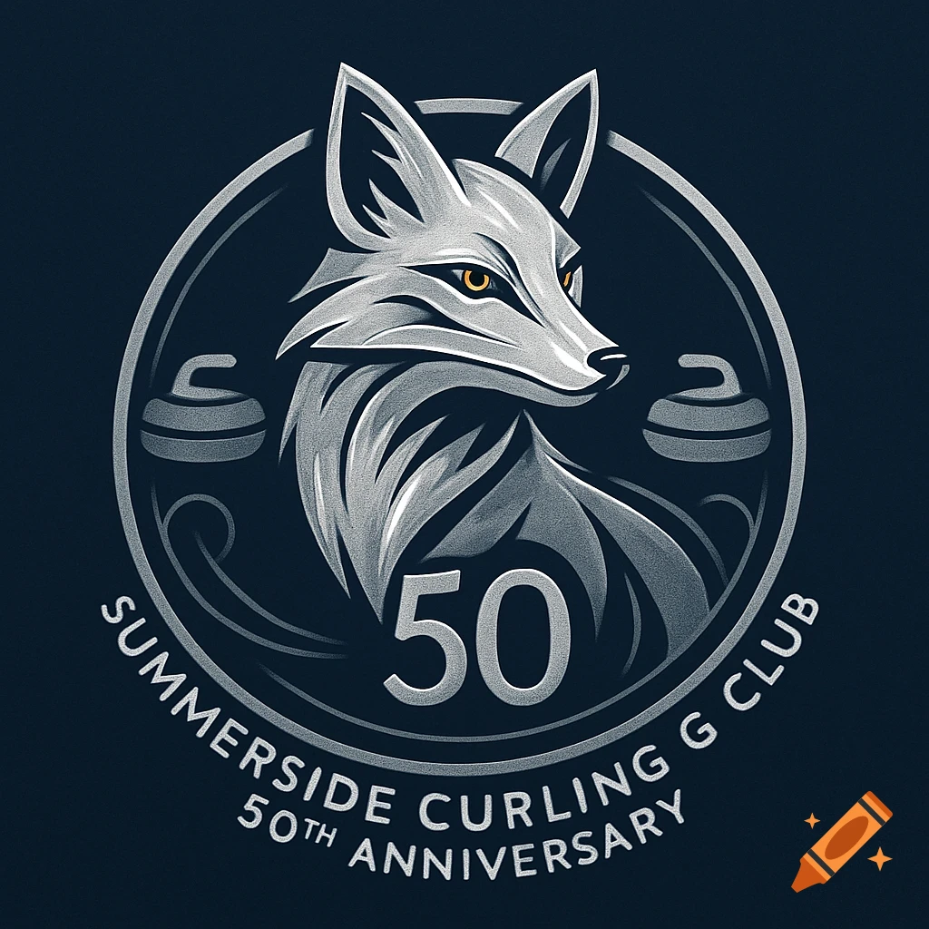 A silver fox logo with curling stones, '50', and 'Summerside Curling G Club 50th Anniversary' text on a dark background.