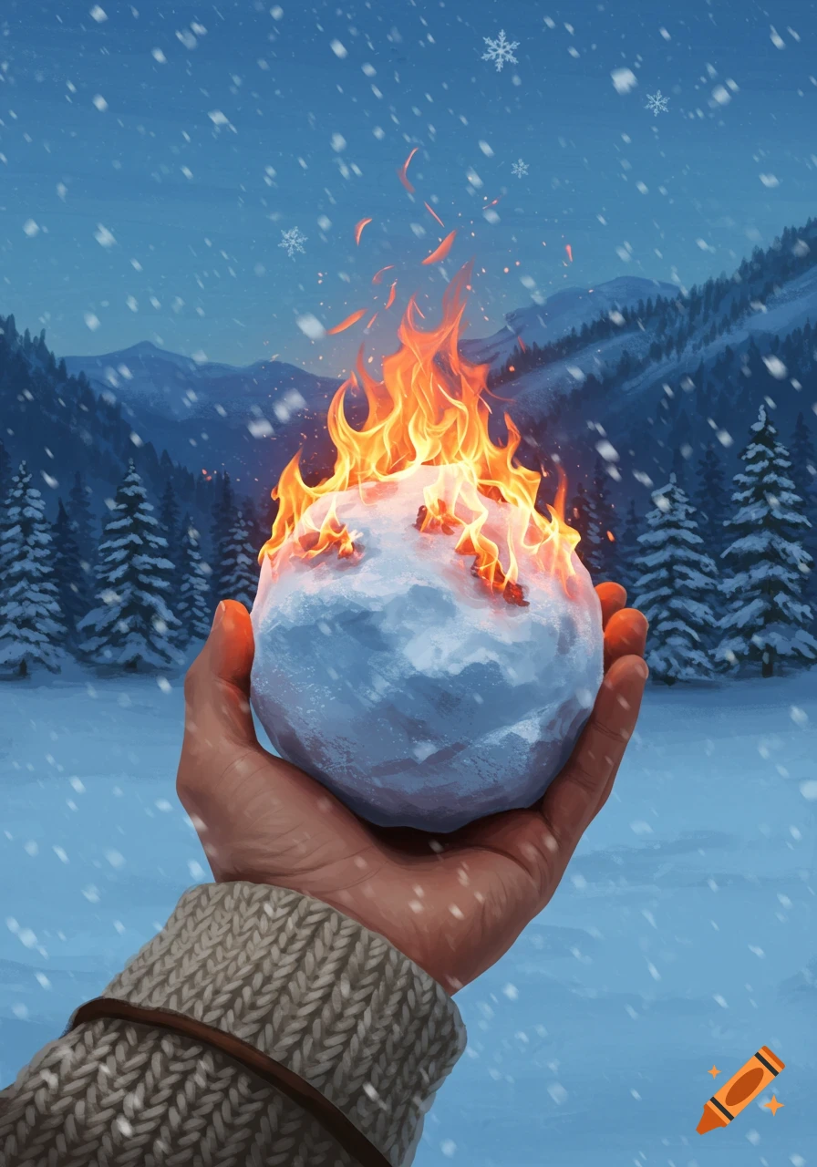 A hand in a knitted sleeve holds a flaming snowball in a snowy mountain landscape.