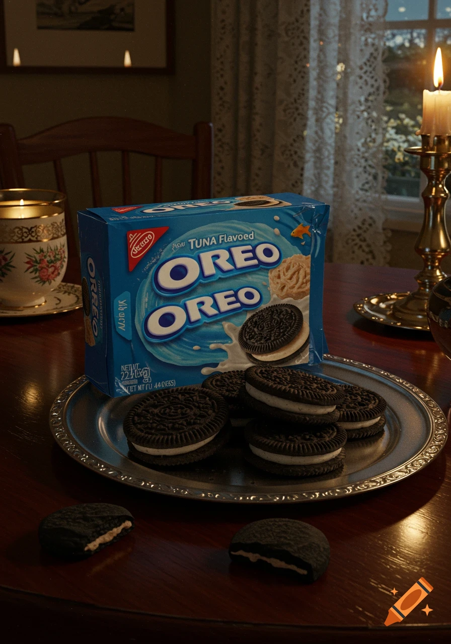 A photorealistic render of a box of tuna-flavored Oreos and cookies on a silver plate, with a lit candle and teacup on a dark wooden table.