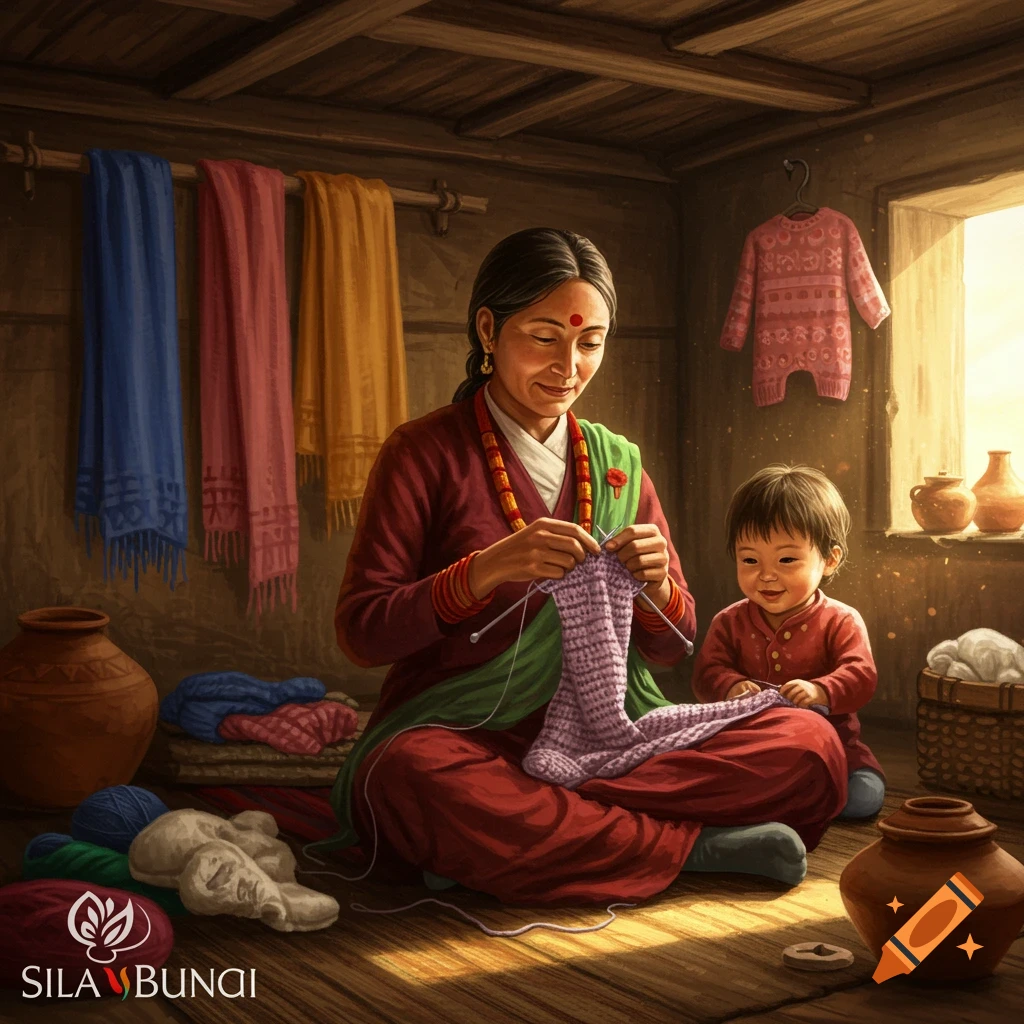 A smiling Nepali mother in traditional attire knits woolen clothes while her baby sits beside her in a rustic home.