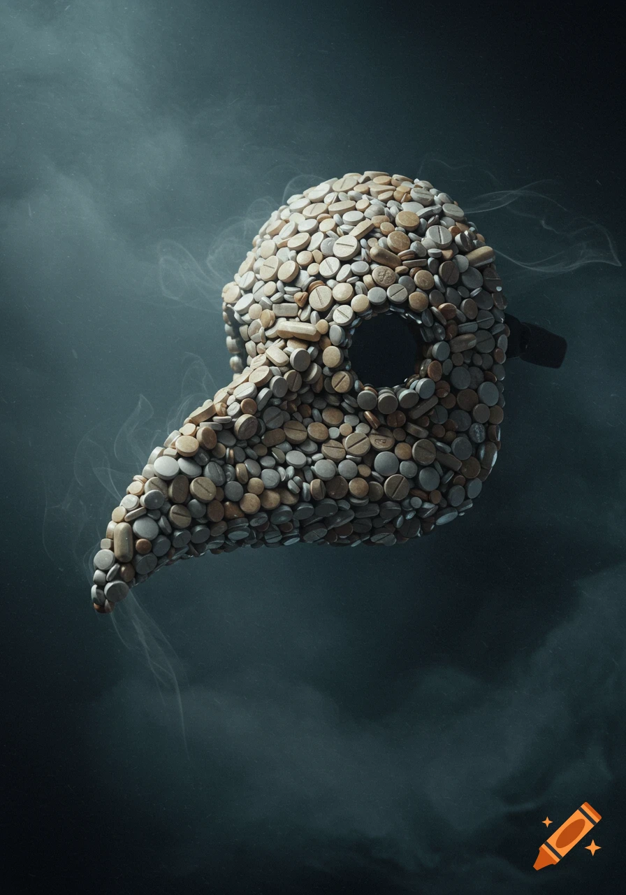 A photorealistic plague doctor's mask made entirely of pills floats in a smoky, dark environment.