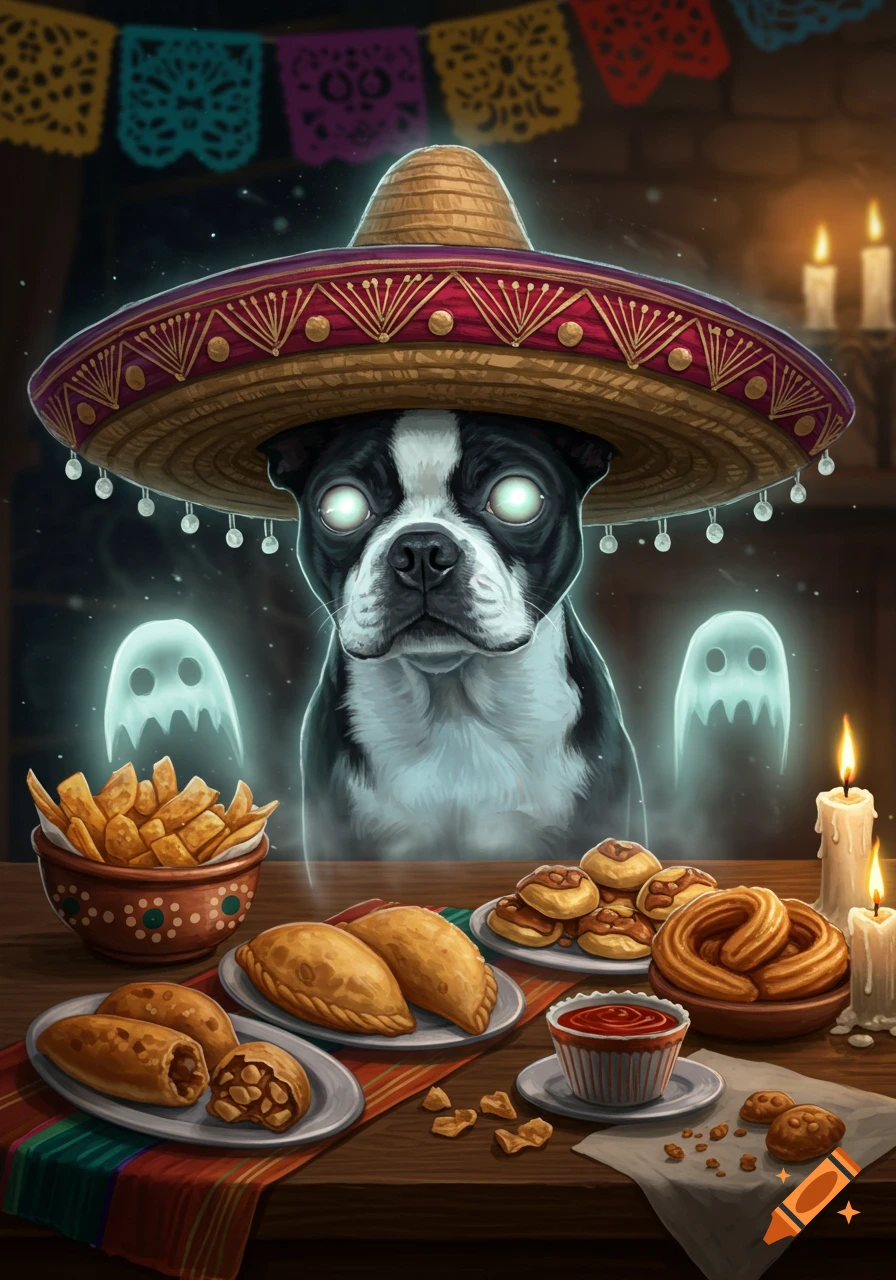 A spectral Boston terrier wearing a sombrero haunts a table with Mexican snacks and two small ghosts behind it.