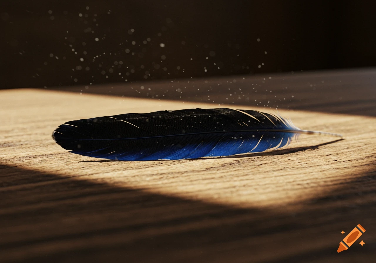 A photorealistic blue-tipped black raven feather rests on a sunlit wooden surface with illuminated dust motes.