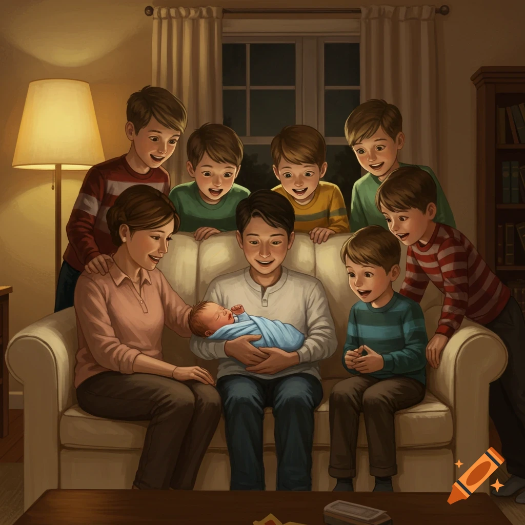 An illustrated family scene with a man holding a swaddled newborn baby, surrounded by a woman and six young boys looking on with happy expressions in a warm, dimly lit living room.