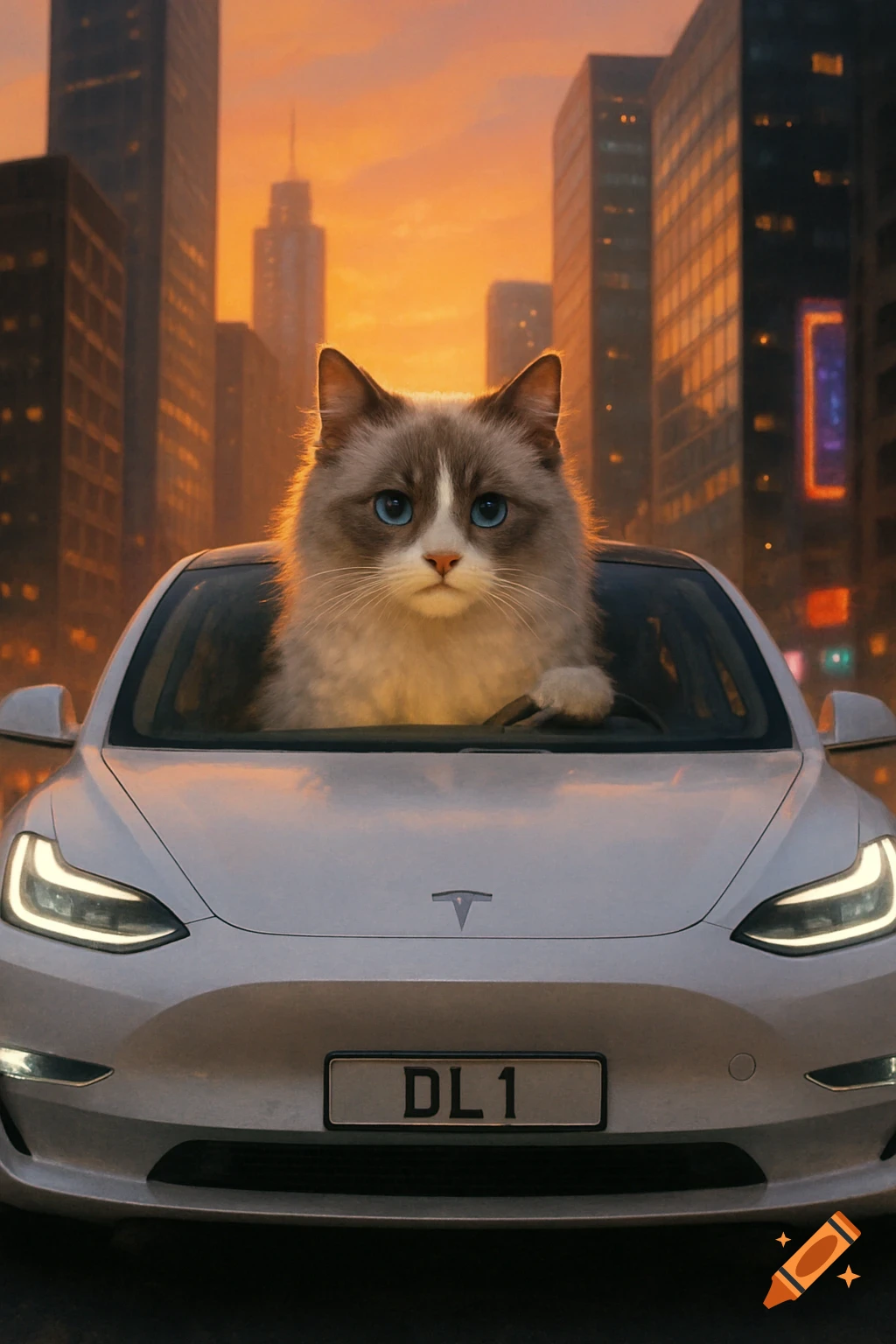 A photorealistic fluffy white and gray ragdoll cat is seen driving a white Tesla car with a license plate reading 'DL1' in a city at sunset.