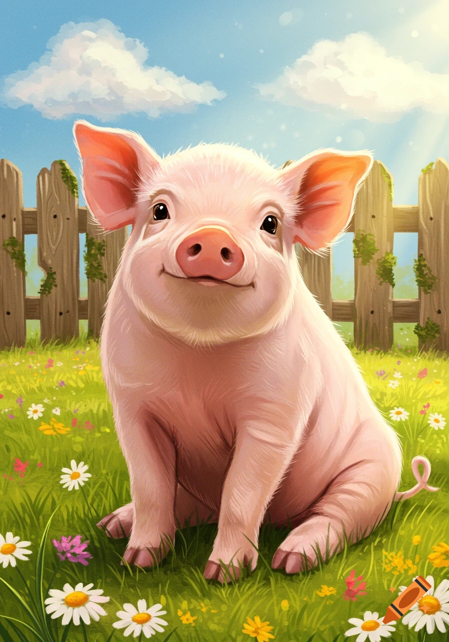 A cute, smiling pig sitting in a field of green grass and colorful flowers under a bright blue sky with a wooden fence in the background.