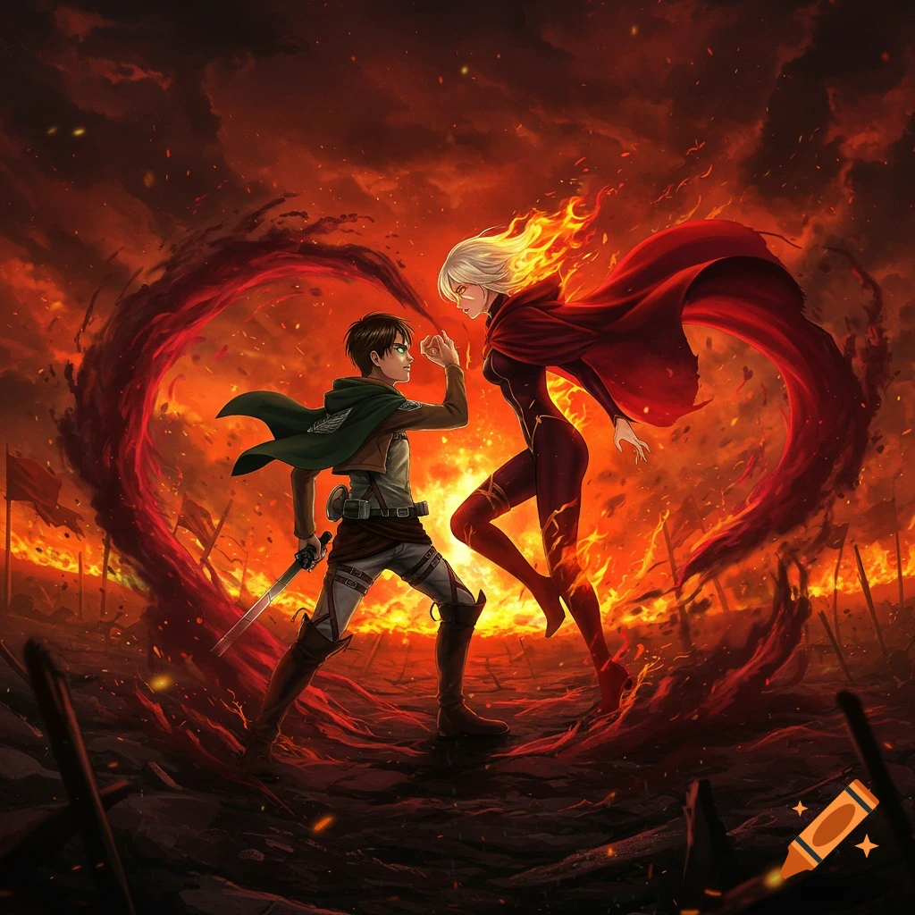 Anime characters Eren Jaeger and Cinder Fall face each other in a fiery, ruined landscape with a heart-shaped red energy effect.