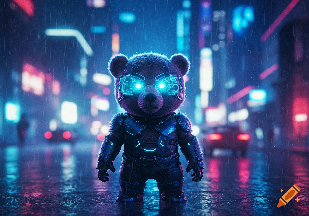 A fluffy brown bear in futuristic armor with glowing blue eyes stands on a wet street in a rainy, neon-lit cyberpunk city.