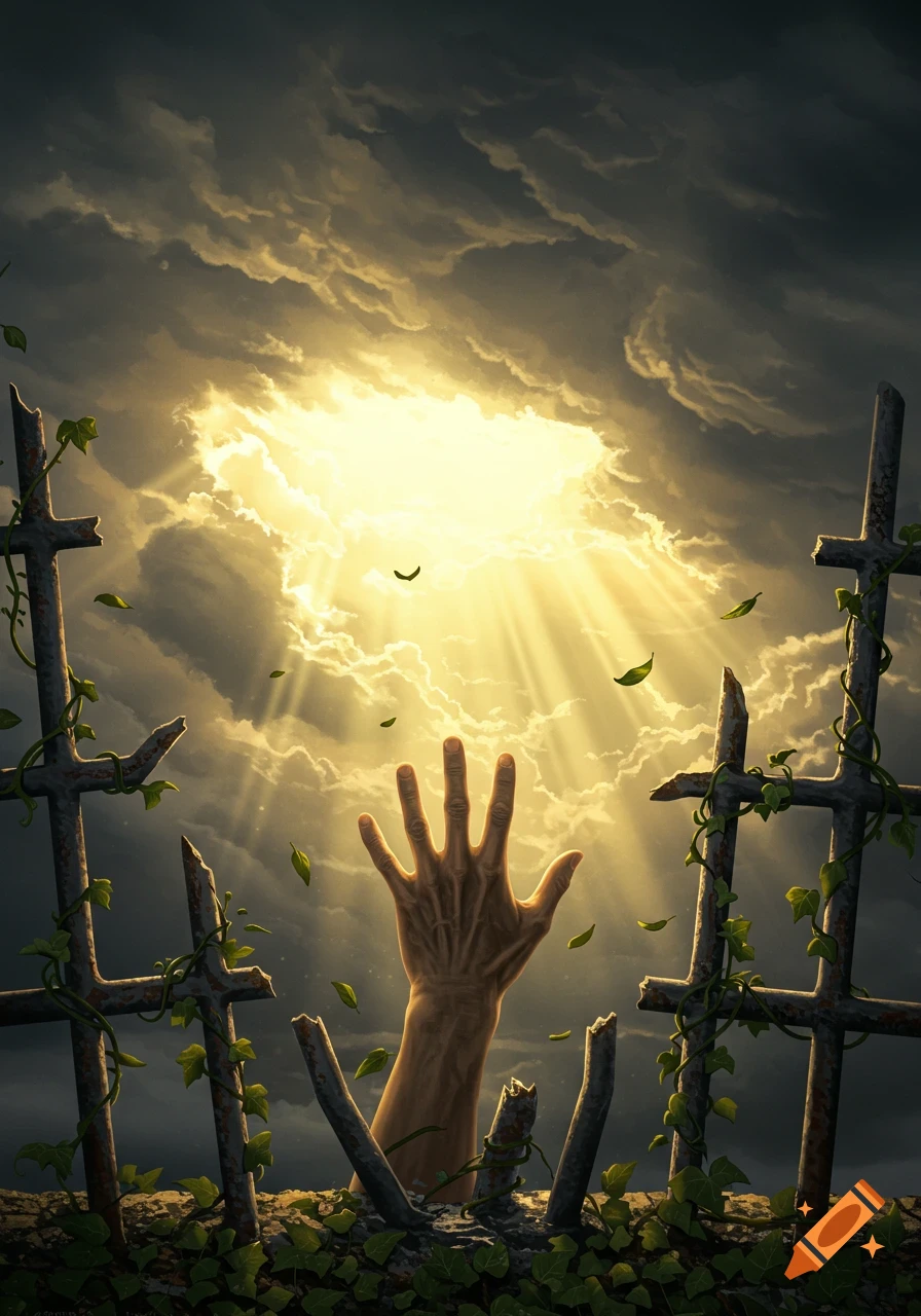 A hand reaches up from broken ground among overgrown crosses towards a bright, dramatic sky with sun rays breaking through clouds.