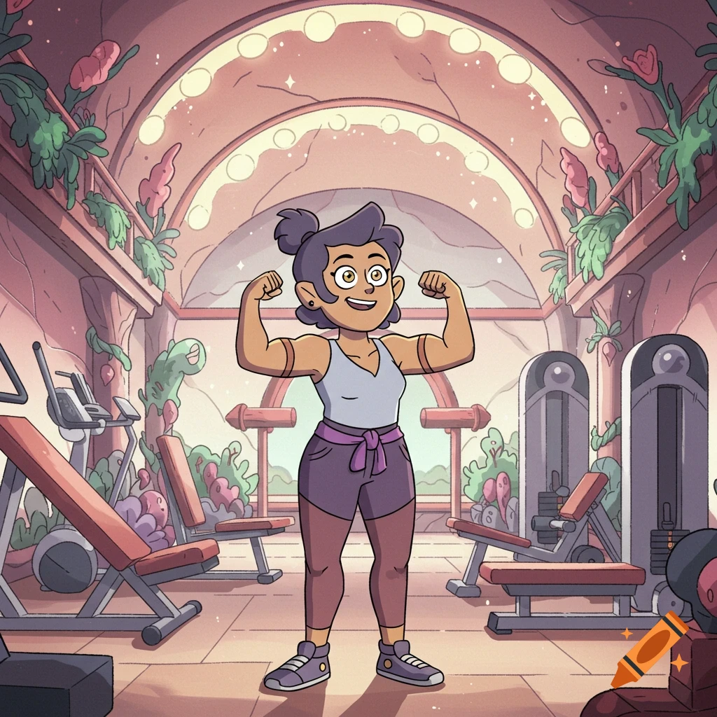 Cartoon woman with short dark hair flexing muscles in a gym, smiling.