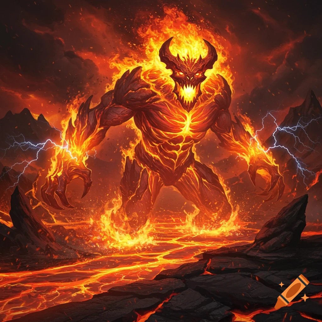 A fiery demon monster with horns and glowing eyes stands in a volcanic landscape with lava and lightning.