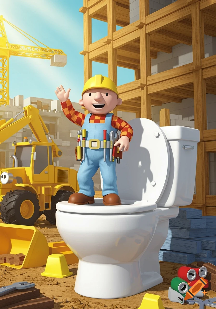 Bob the Builder waves from atop a toilet at a sunny construction site with a crane and excavator, in a 3D animated style.