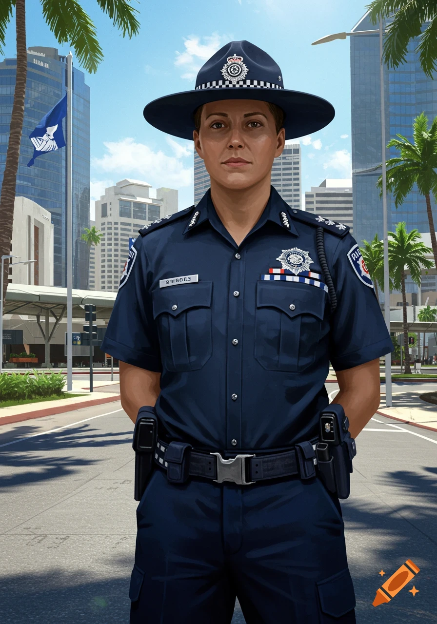 A photorealistic image of a female police officer in a dark blue uniform and wide-brimmed hat, standing in a city street with tall buildings and palm trees in the background.