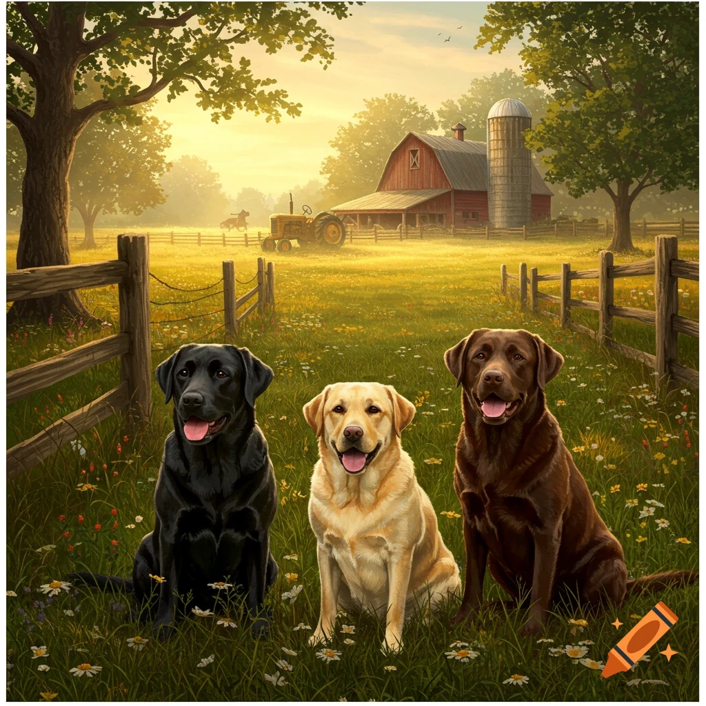 Black, yellow, and chocolate Labrador retrievers sit in a daisy-filled field with a farm and sunset behind them.