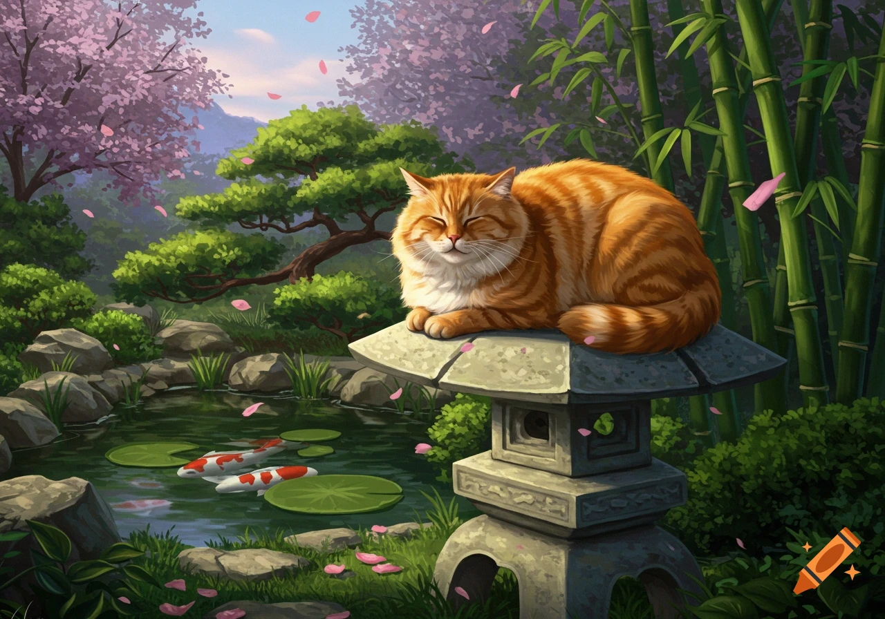 An orange tabby cat sleeps peacefully on a stone lantern in a vibrant Japanese garden with cherry blossoms, bamboo, a pond, and koi fish, in an illustrative style.