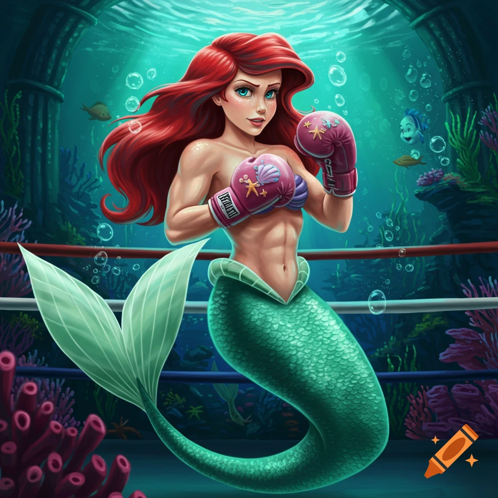 A muscular Ariel, the Little Mermaid, with red hair, wearing pink boxing gloves, in an underwater boxing ring.