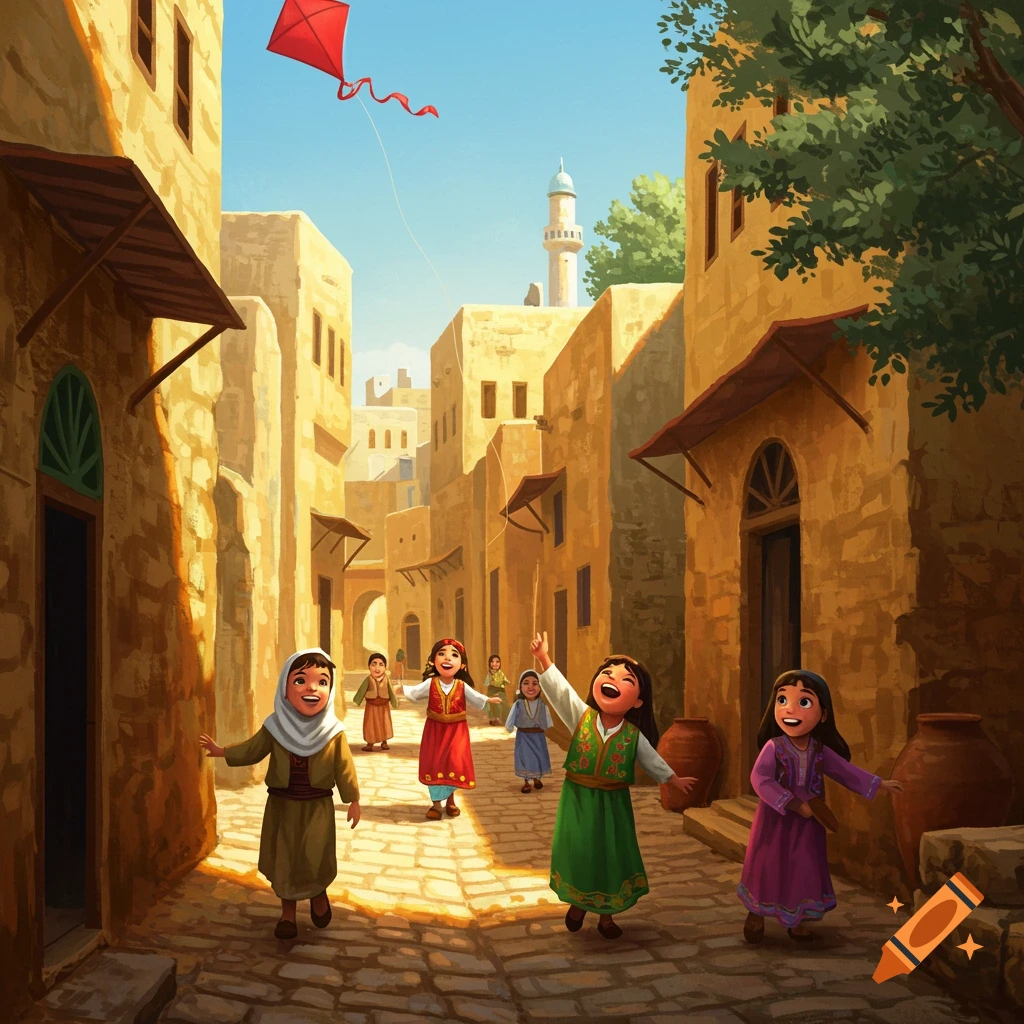 Colorful illustration of children playing in a sunny, narrow street in an old town, with one child flying a red kite.