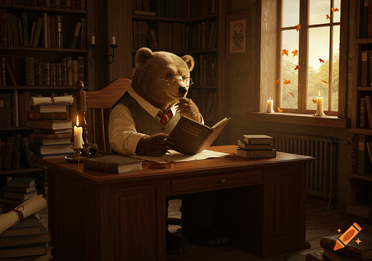 A distinguished bear wearing spectacles and a vest reads a book at a wooden desk in a cozy library with autumn leaves blowing past a sunlit window.