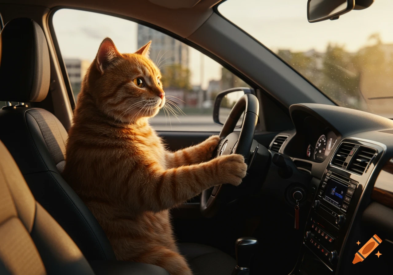 An ultra-realistic image from a passenger's perspective of an orange cat in the driver's seat of a car, holding the steering wheel.