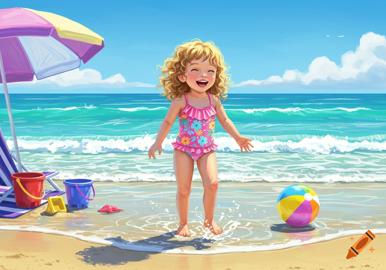 A happy curly-haired child in a pink swimsuit splashes in the shallow waves at a sunny beach with an umbrella and toys.