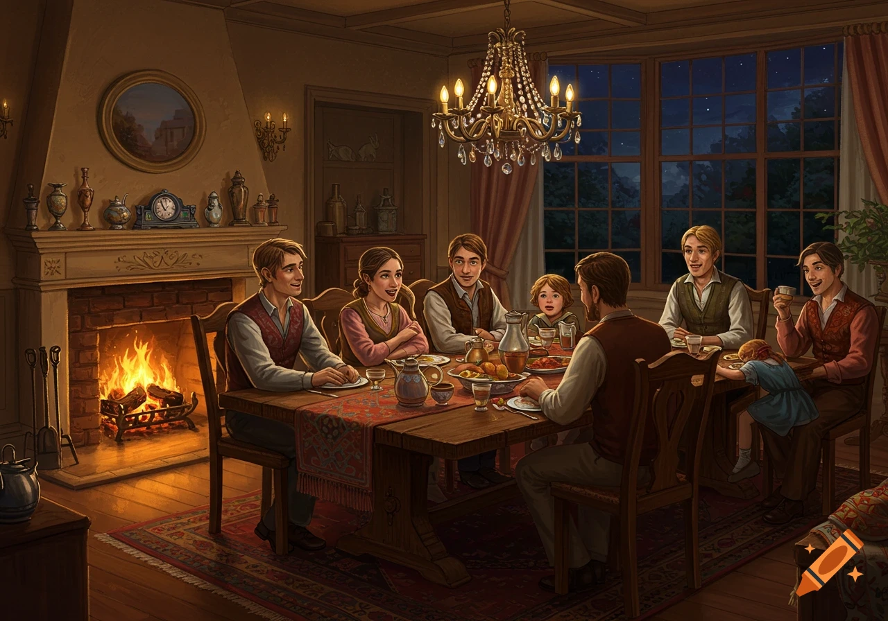 A family of seven sits around a candlelit wooden dining table in a cozy, old-fashioned room with a fireplace and large window at night.