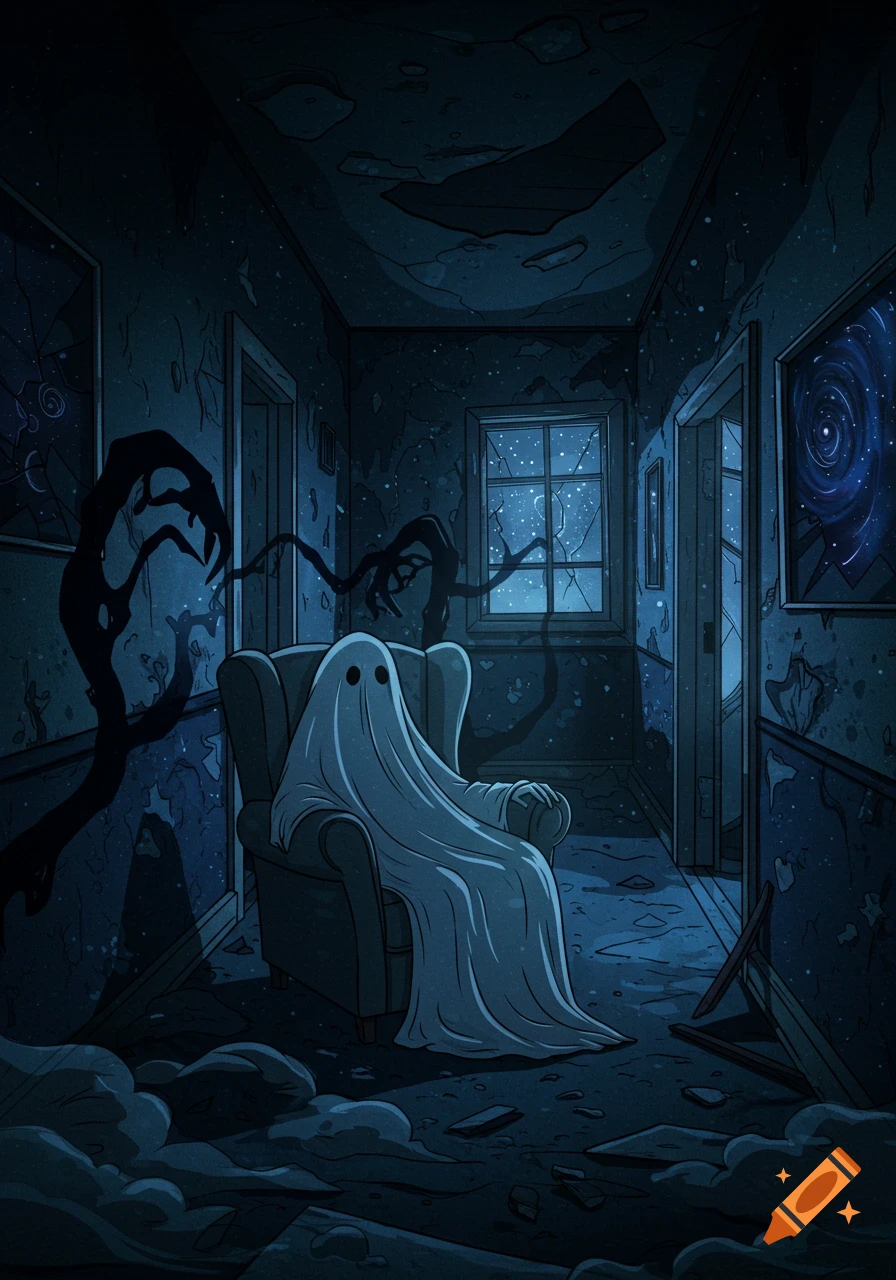 A cartoon ghost sitting in an armchair in a dark, haunted, dilapidated room with shadowy tendrils and a starry window.