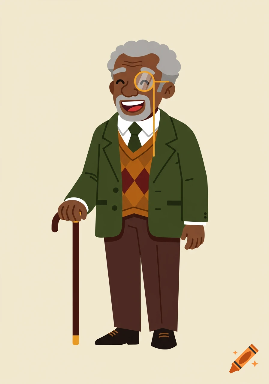 A cheerful, stylized illustration of an elderly African American man with gray hair, wearing a green jacket and argyle vest, holding a cane and monocle.