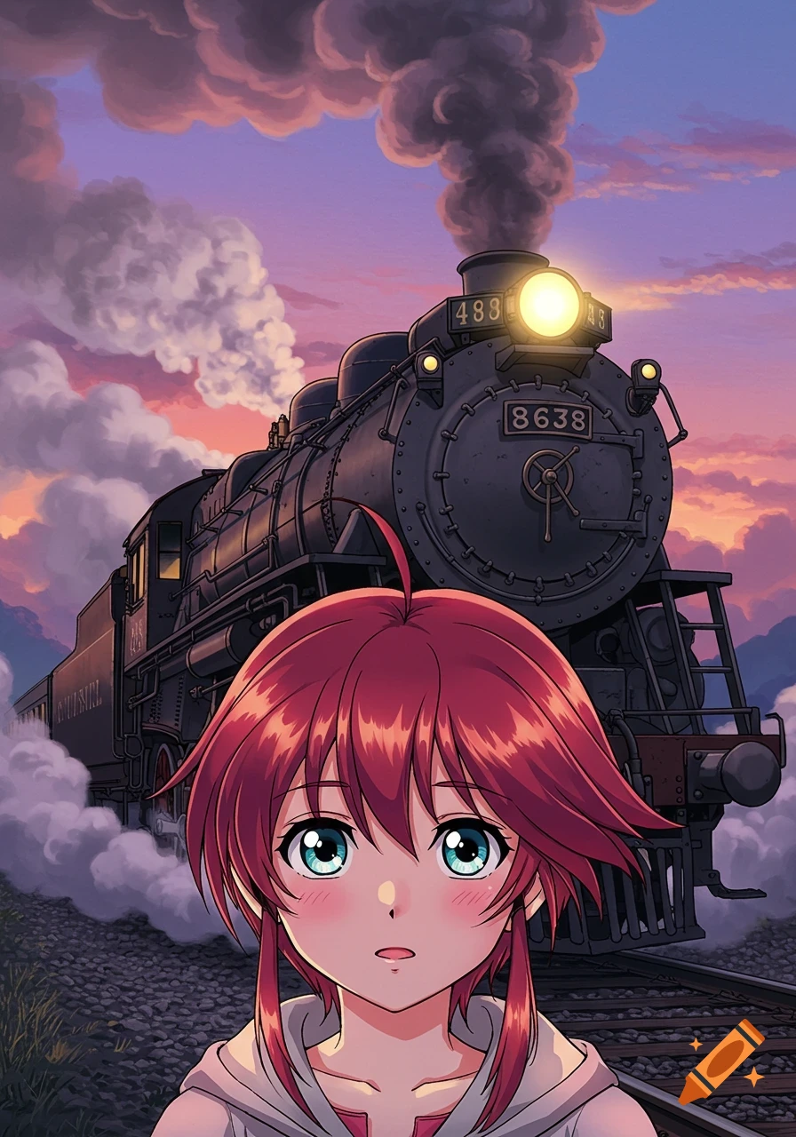 An anime character with red hair and wide eyes looking surprised in front of a large steam locomotive at sunset.