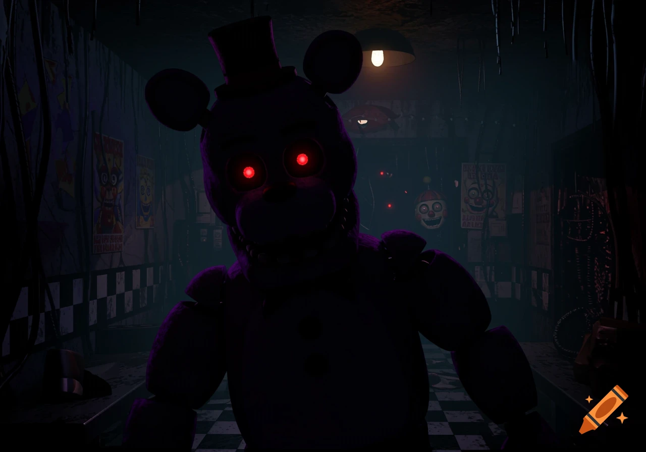 A creepy, dark purple animatronic bear with glowing red eyes stands in a dimly lit, grimy room with posters.