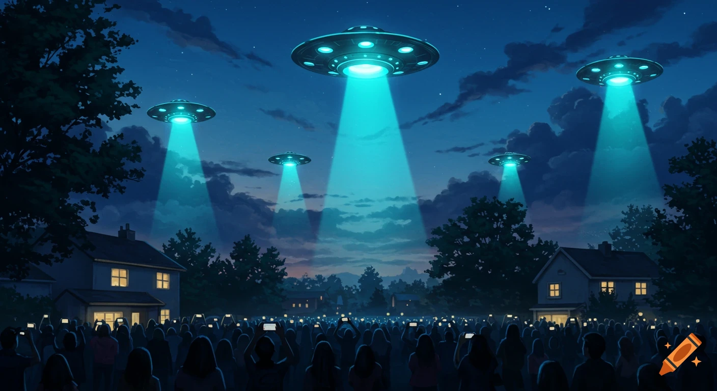 People in a suburban neighborhood at night taking pictures of multiple UFOs with bright blue beams descending.