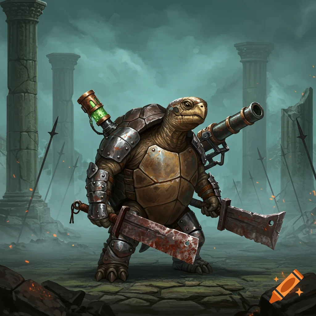 A bipedal turtle warrior in metal armor stands in ruins, holding a blood-stained cleaver, with a cannon on its shoulder.