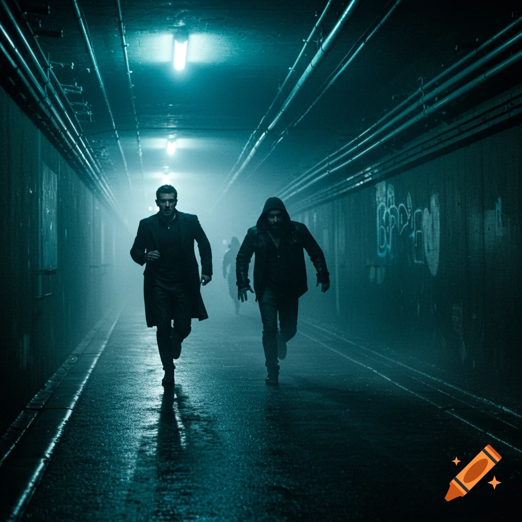 Two men run through a dark, misty, wet tunnel lit by overhead lights, with graffiti on the walls, in a cinematic style.