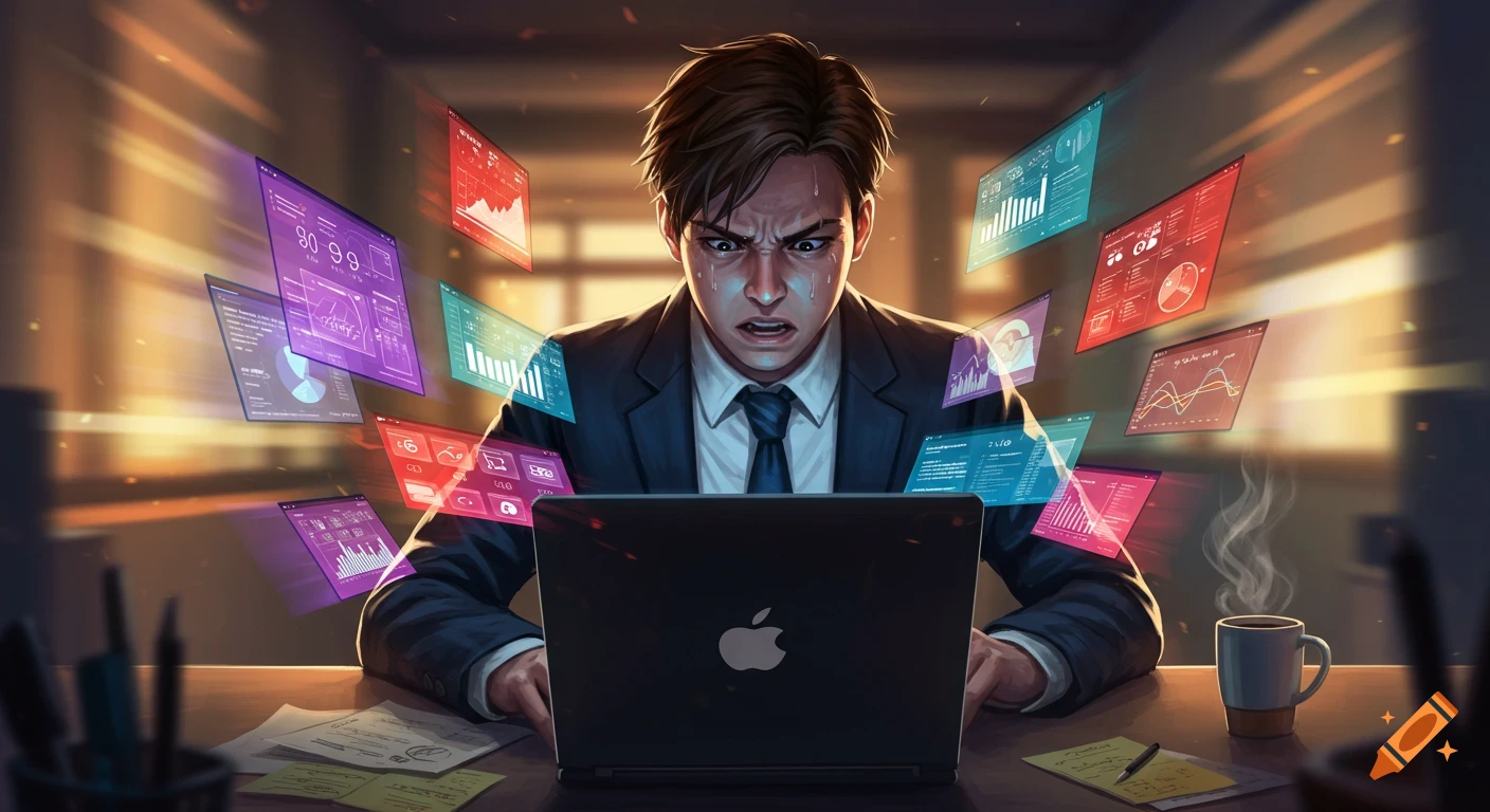 A stressed man in a suit intensely focused on a laptop, surrounded by glowing, floating digital screens displaying charts and data, in a dark, warm-lit room.