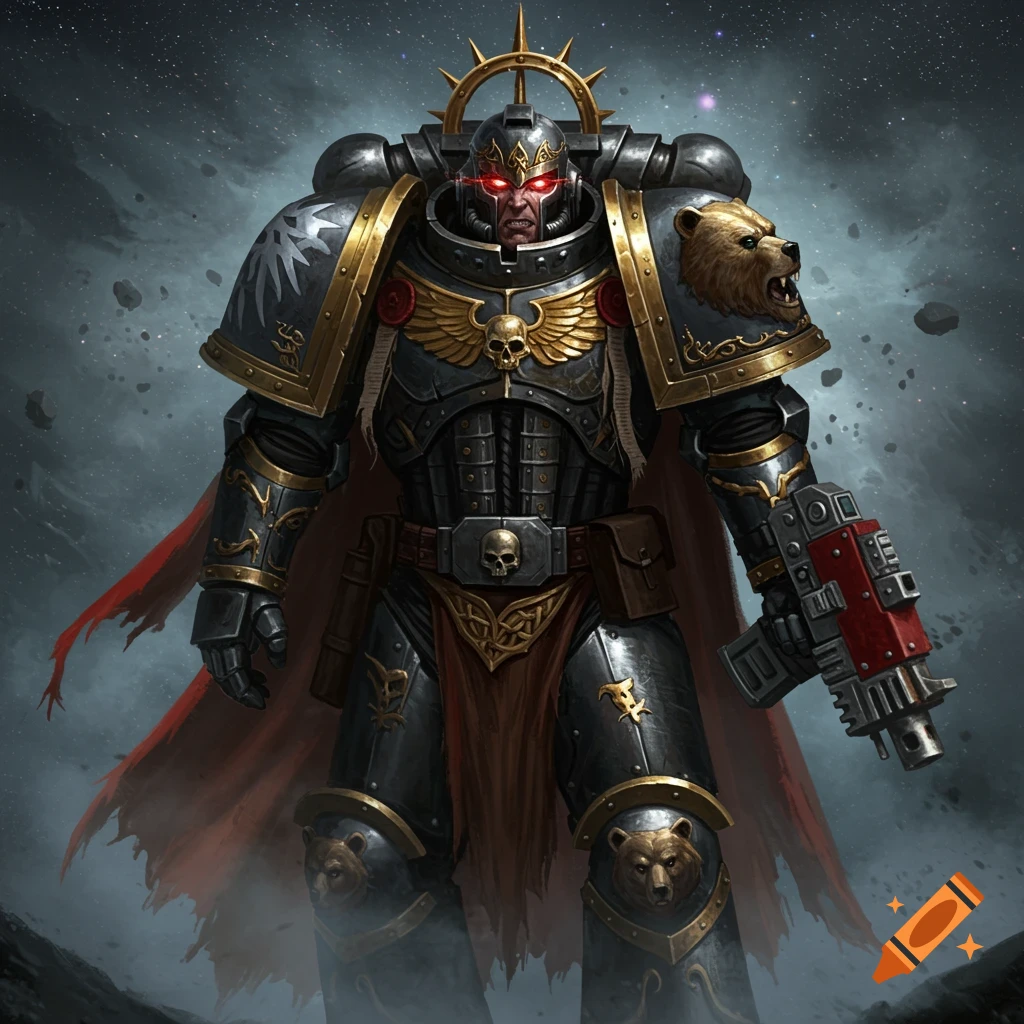 A formidable Viking-inspired Warhammer 40,000 Space Marine in detailed black and gold power armor with bear sigils and glowing red eyes.