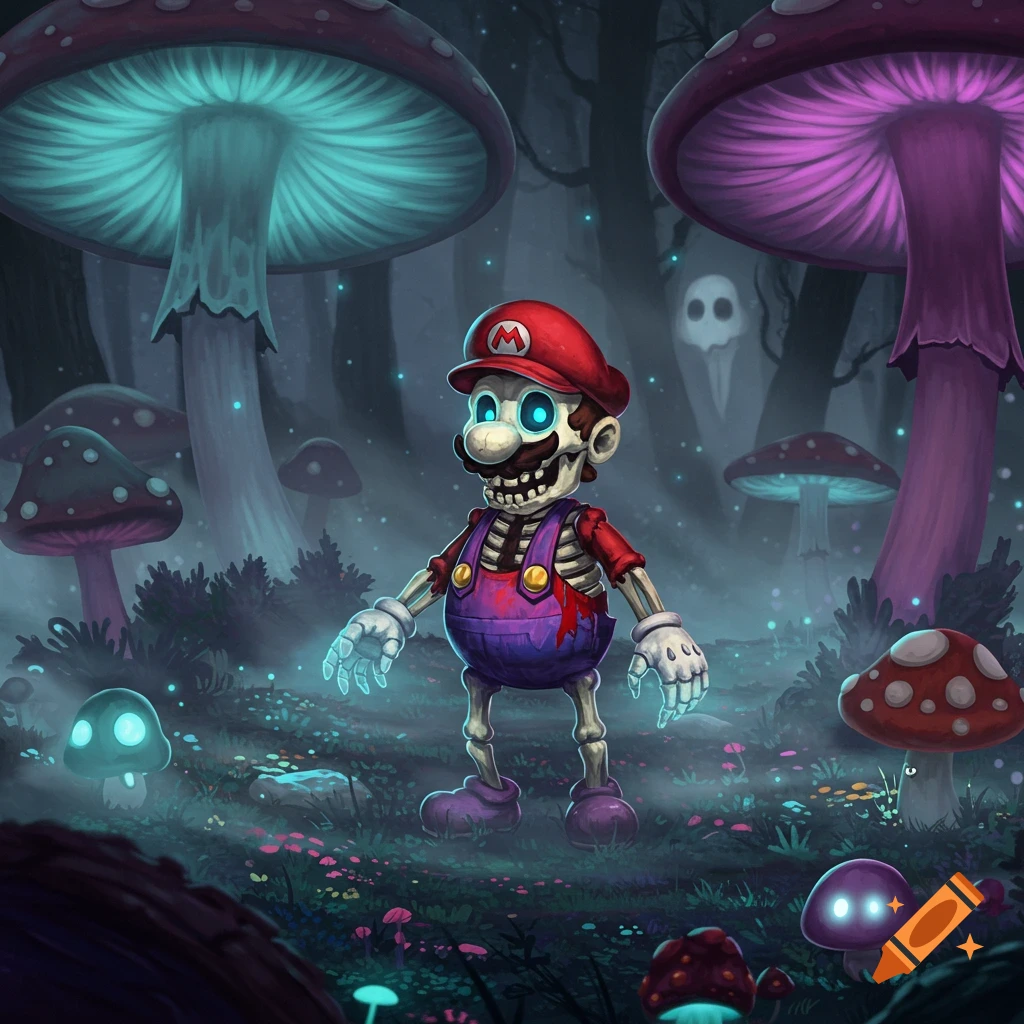 Stylized image of Skeleton Mario with glowing eyes and hat, standing in a dark, spooky forest with large, glowing mushrooms.