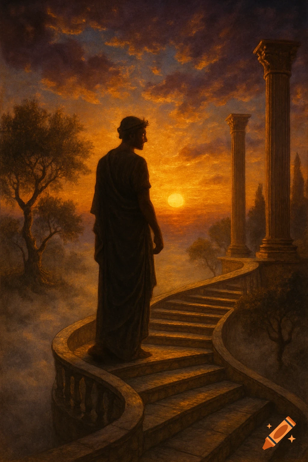 A man in classical robes stands on a winding staircase, gazing at a vibrant sunset over a misty landscape with ancient columns. The style is painterly.