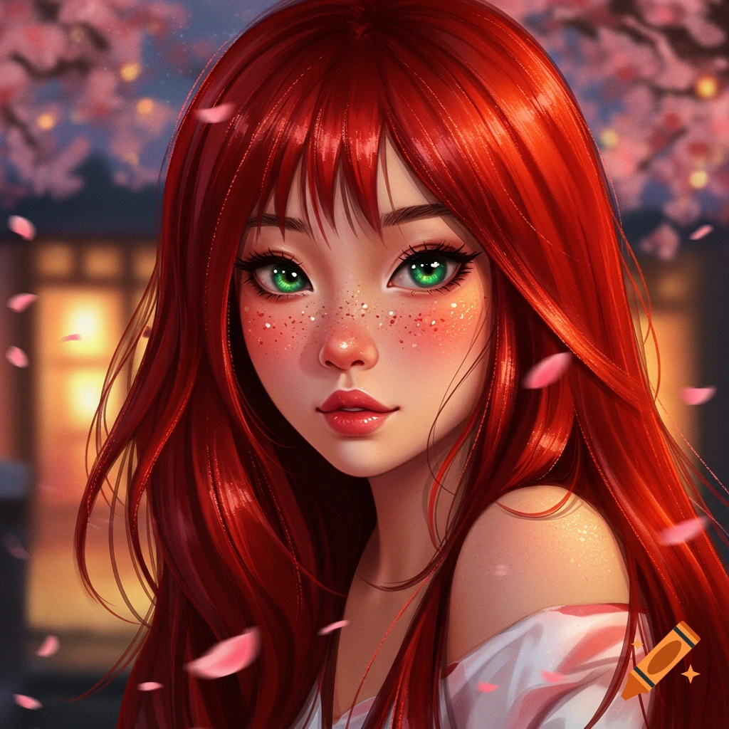 A vibrant digital portrait of a red-haired woman with emerald eyes and freckles, with cherry blossoms in the background.