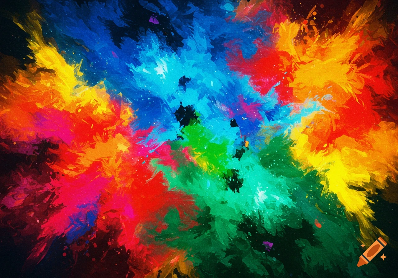 Abstract explosion of vibrant colors, resembling paint splatters on a dark background.