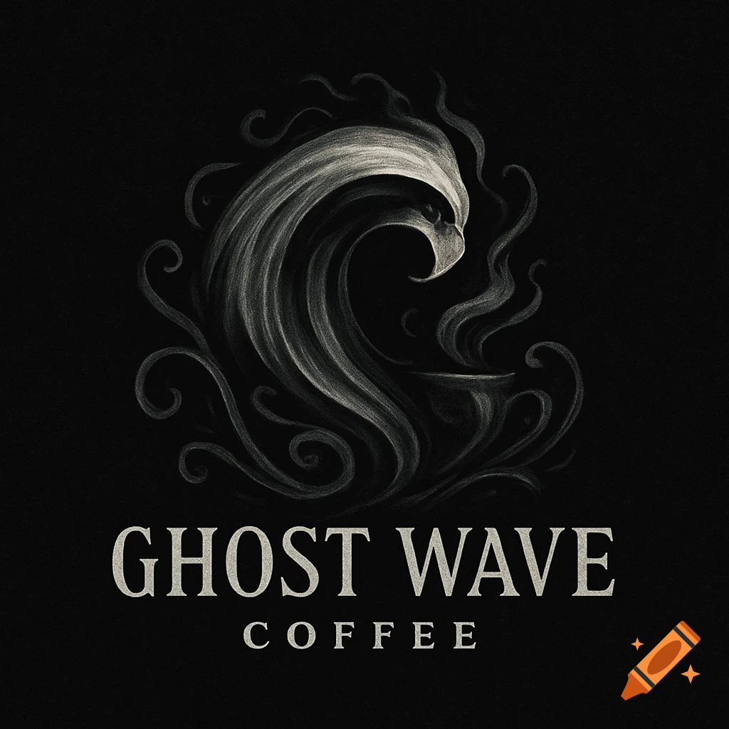 A black and white logo for Ghost Wave Coffee featuring a stylized wave resembling a ghost above a coffee cup with swirling steam.