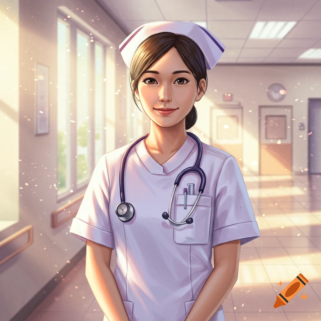 An illustrated female nurse with a stethoscope smiles in a brightly lit hospital hallway.