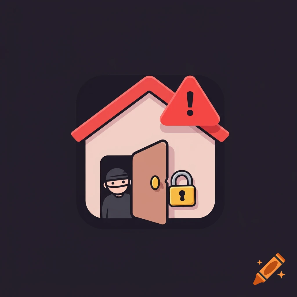 Cartoon app icon of a house with an open door, a peeking thief, and a warning symbol, in flat design.