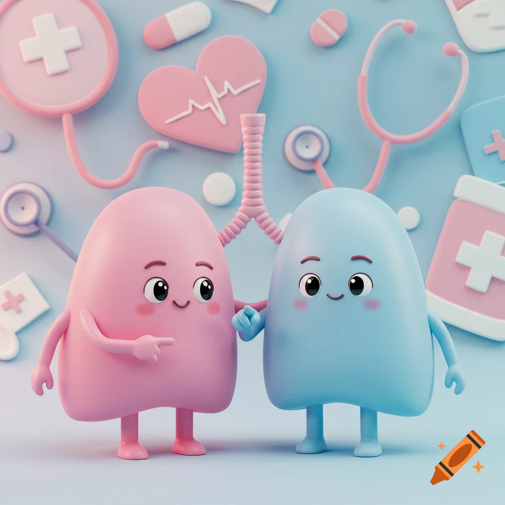 Two cute cartoon lung characters, one pink and one blue, holding hands amidst pastel medical symbols.