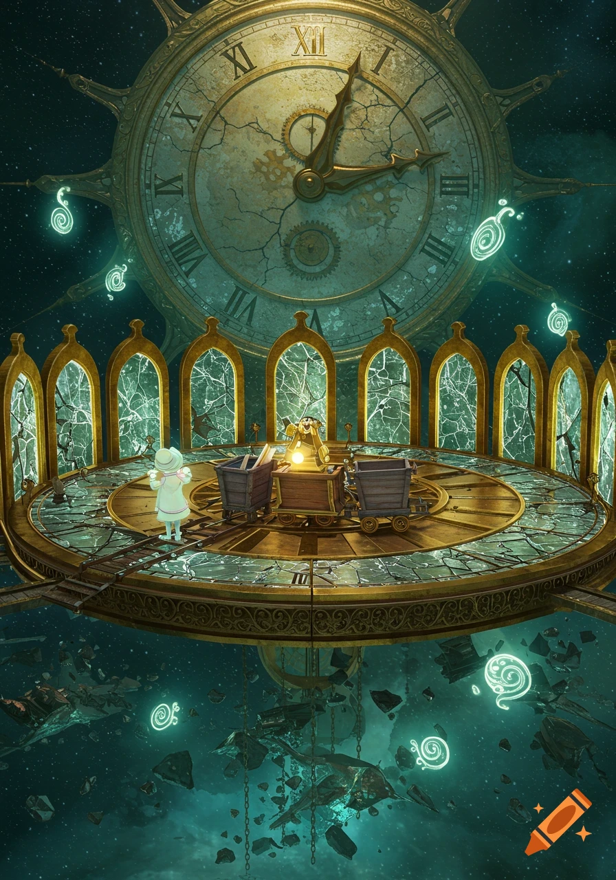 A small character on a brass and cracked glass platform floats in space, surrounded by golden arches, with a large, cracked clock face above and broken world pieces below.