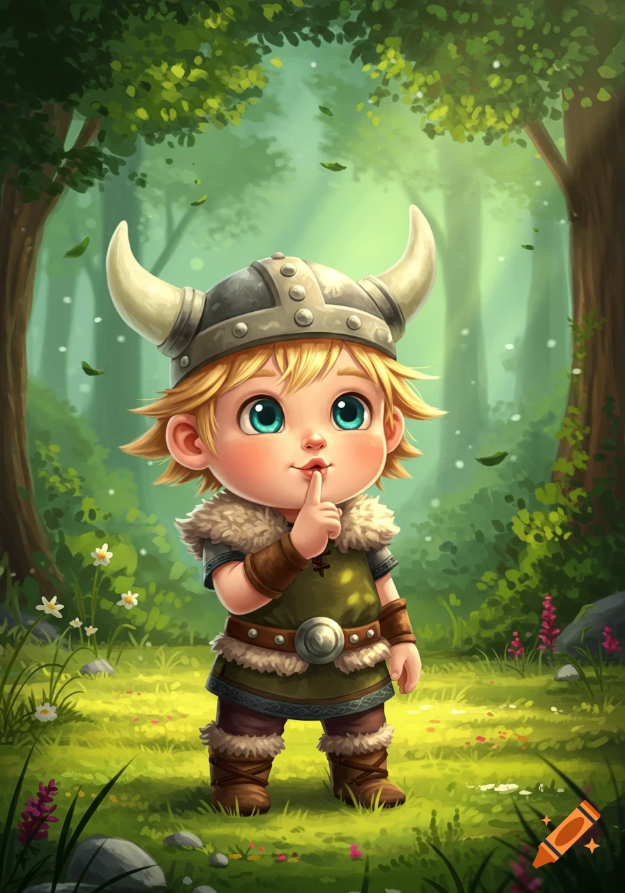 A cute, cartoonish blonde child dressed as a viking with a horned helmet and fur trim, making a quiet gesture in a lush forest.