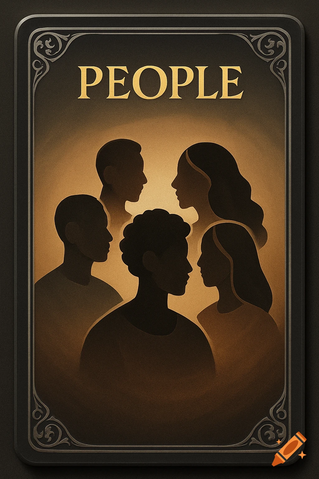 A stylized game card with the golden title "PEOPLE" above silhouettes of five diverse individuals on a warm, glowing background.