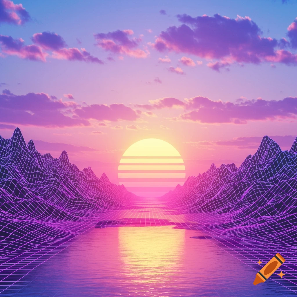 A retro vaporwave landscape with wireframe mountains and a large striped sun over a reflective body of water, under a pink and purple sky.
