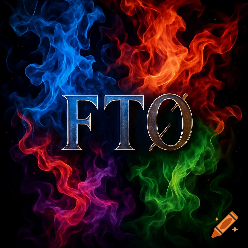The letters 'FTØ' in a decorative font are surrounded by swirling blue, red, green, and purple flames on a black background.